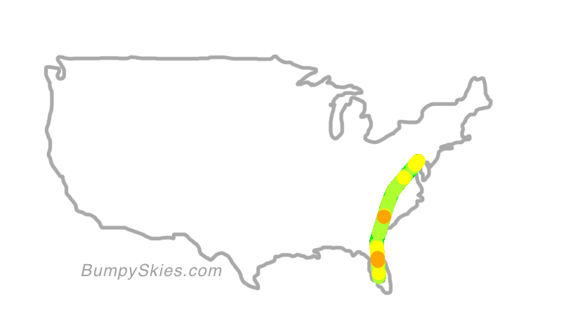 Map of continental US with illustrated flight path and turbulence forecast (described in text below)