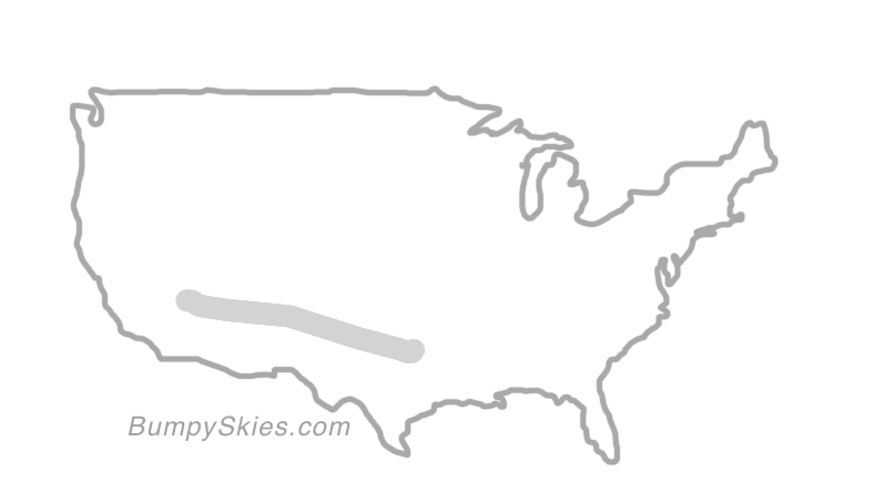 Map of continental US with illustrated flight path and turbulence forecast (described in text below)