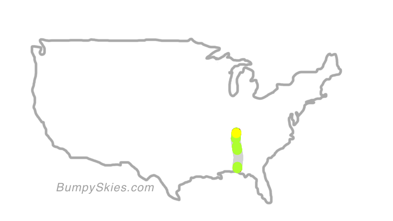 Map of continental US with illustrated flight path and turbulence forecast (described in text below)