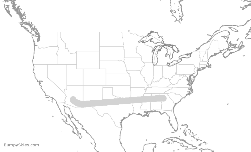 Map of continental US with illustrated flight path and turbulence forecast (described in text below)