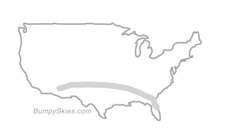 Map of continental US with illustrated flight path and turbulence forecast (described in text below)