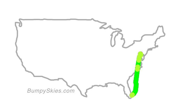 Map of continental US with illustrated flight path and turbulence forecast (described in text below)