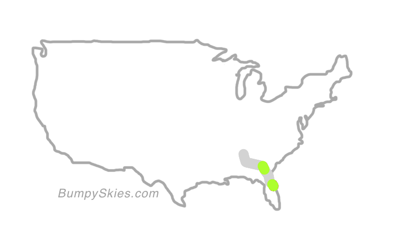 Map of continental US with illustrated flight path and turbulence forecast (described in text below)