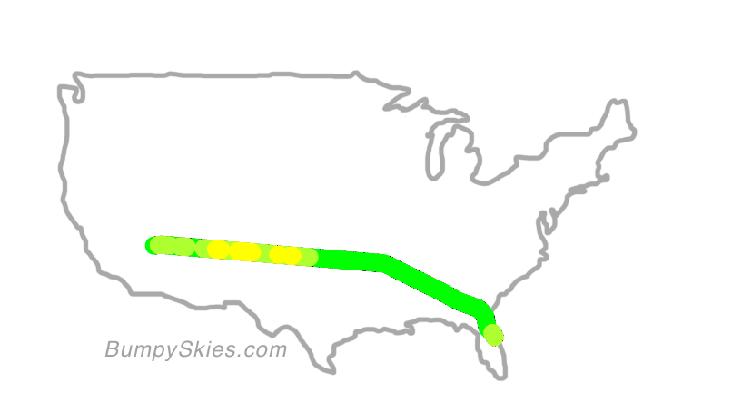 Map of continental US with illustrated flight path and turbulence forecast (described in text below)