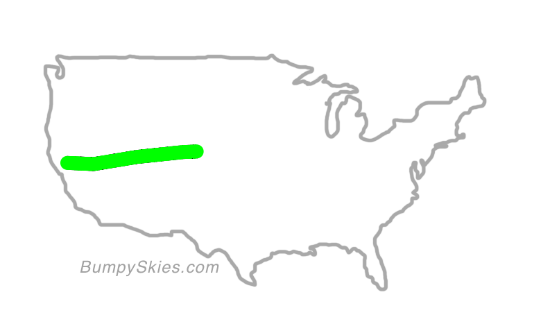 Map of continental US with illustrated flight path and turbulence forecast (described in text below)