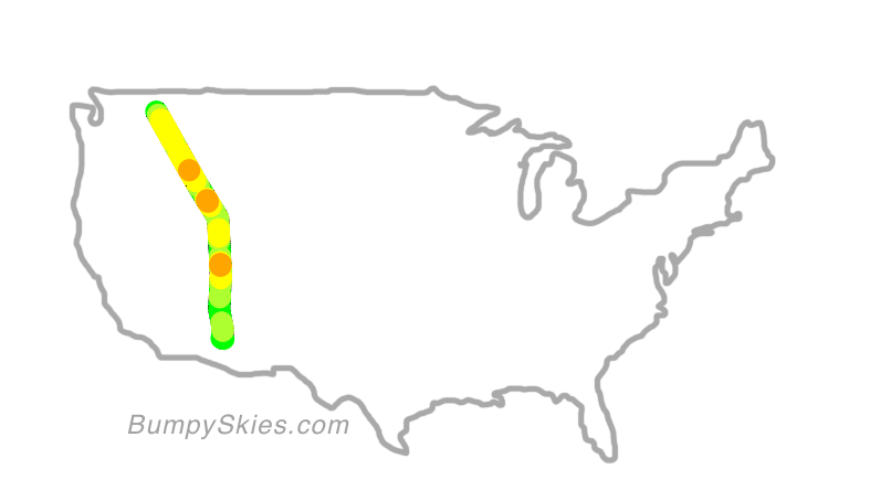 Map of continental US with illustrated flight path and turbulence forecast (described in text below)