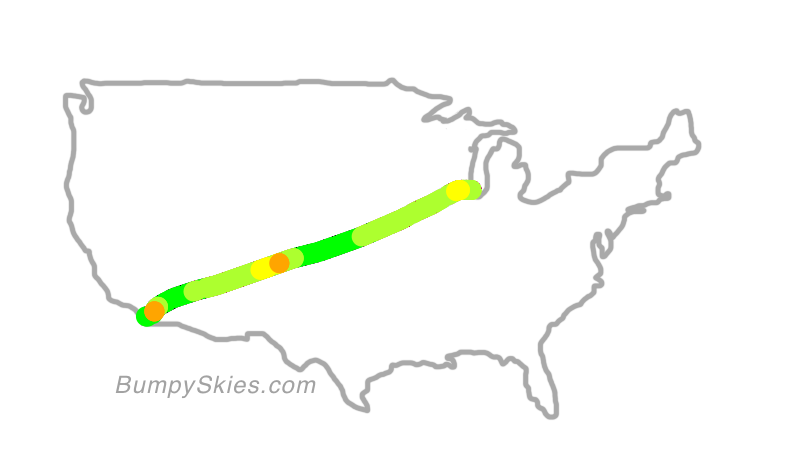 Map of continental US with illustrated flight path and turbulence forecast (described in text below)