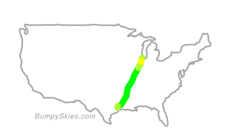 Map of continental US with illustrated flight path and turbulence forecast (described in text below)