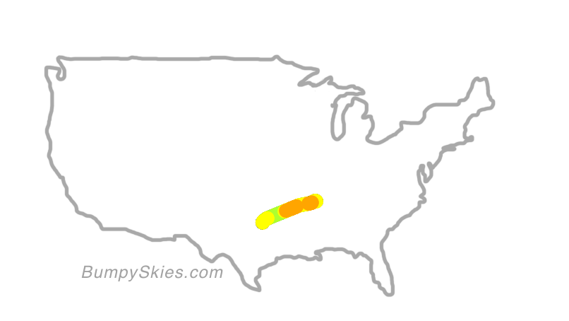 Map of continental US with illustrated flight path and turbulence forecast (described in text below)