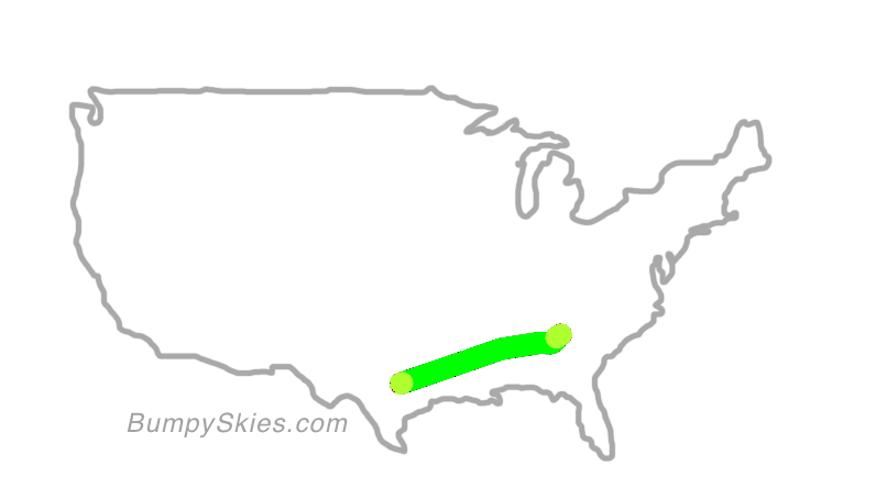 Map of continental US with illustrated flight path and turbulence forecast (described in text below)