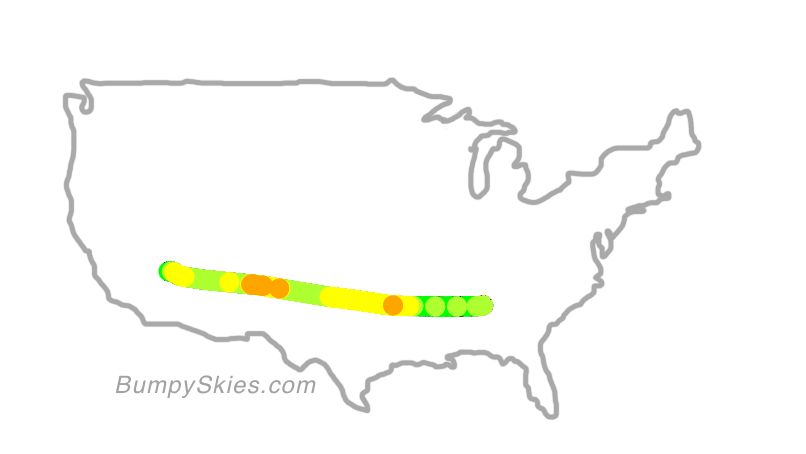 Map of continental US with illustrated flight path and turbulence forecast (described in text below)