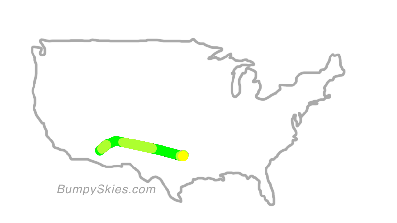 Map of continental US with illustrated flight path and turbulence forecast (described in text below)