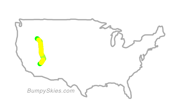 Map of continental US with illustrated flight path and turbulence forecast (described in text below)