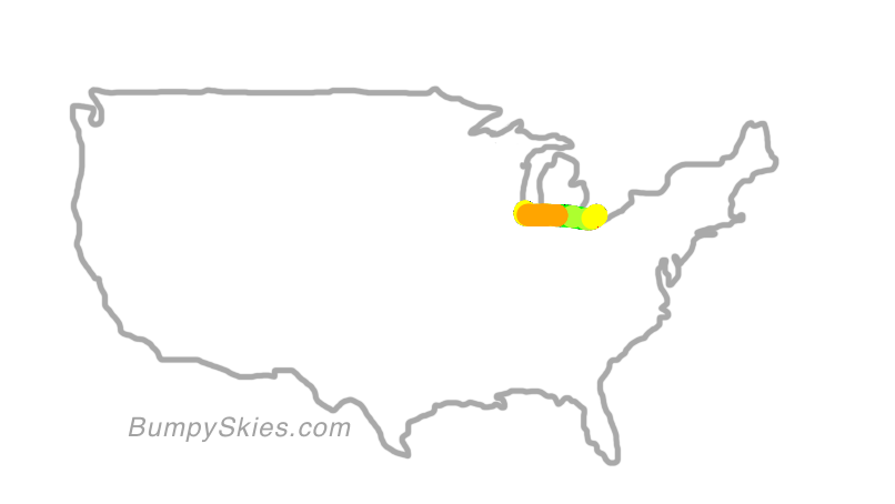 Map of continental US with illustrated flight path and turbulence forecast (described in text below)