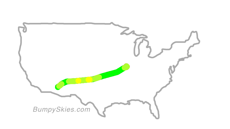 Map of continental US with illustrated flight path and turbulence forecast (described in text below)