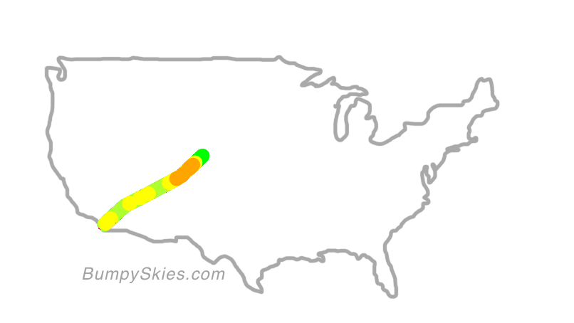 Map of continental US with illustrated flight path and turbulence forecast (described in text below)