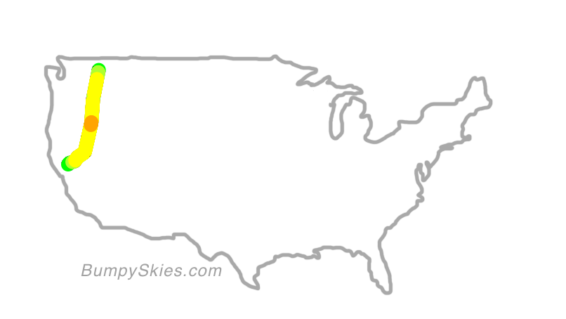 Map of continental US with illustrated flight path and turbulence forecast (described in text below)