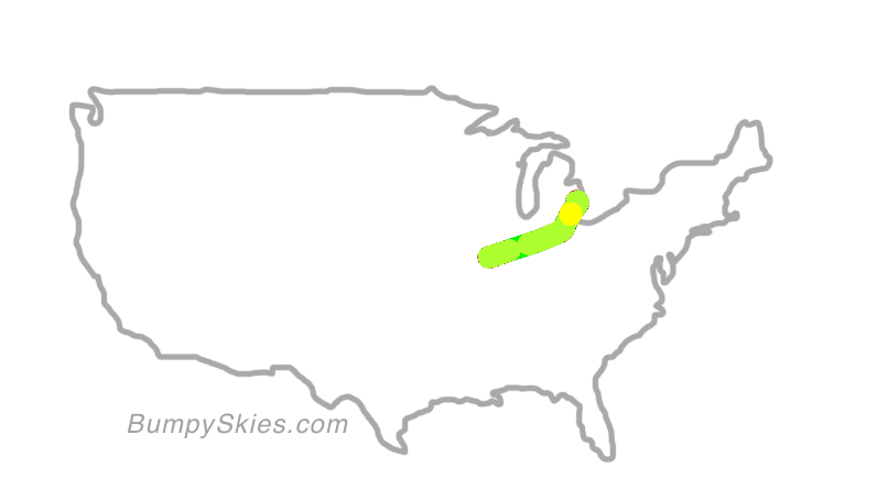Map of continental US with illustrated flight path and turbulence forecast (described in text below)