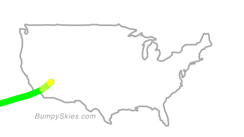 Map of continental US with illustrated flight path and turbulence forecast (described in text below)