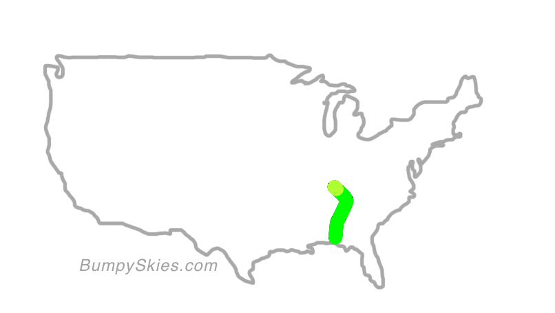 Map of continental US with illustrated flight path and turbulence forecast (described in text below)