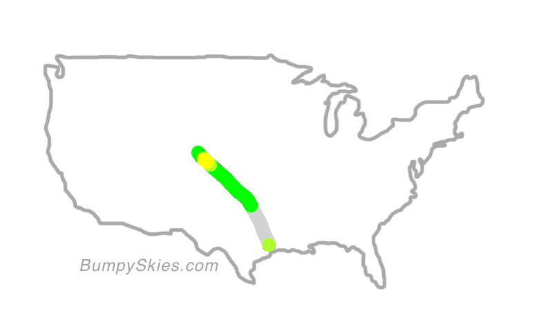 Map of continental US with illustrated flight path and turbulence forecast (described in text below)