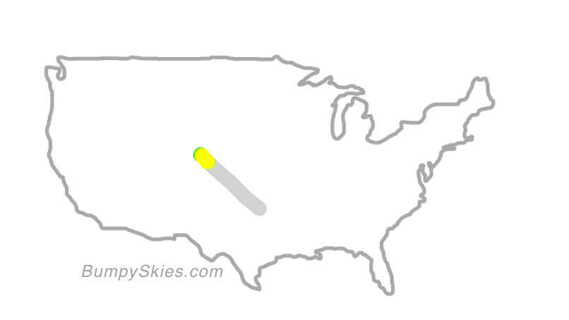 Map of continental US with illustrated flight path and turbulence forecast (described in text below)