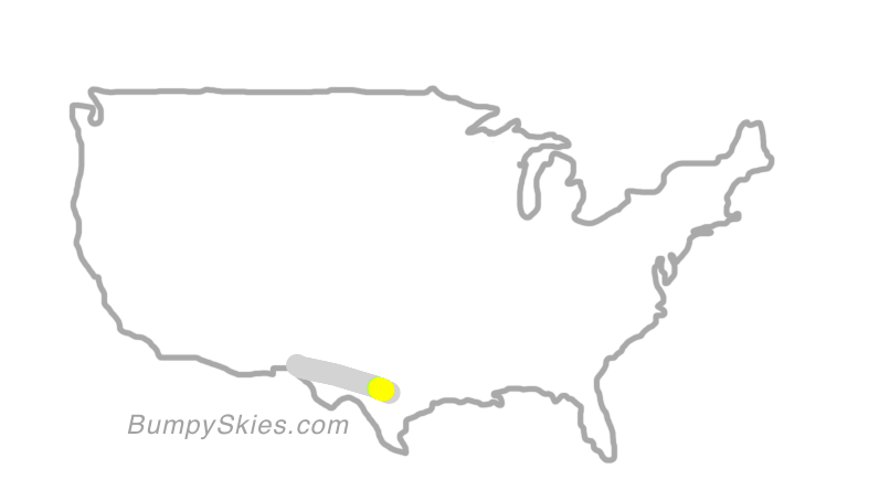 Map of continental US with illustrated flight path and turbulence forecast (described in text below)