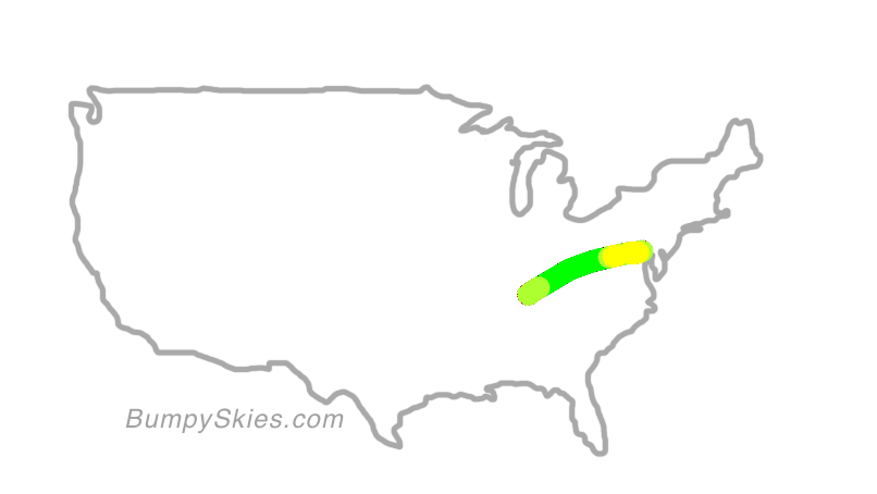 Map of continental US with illustrated flight path and turbulence forecast (described in text below)