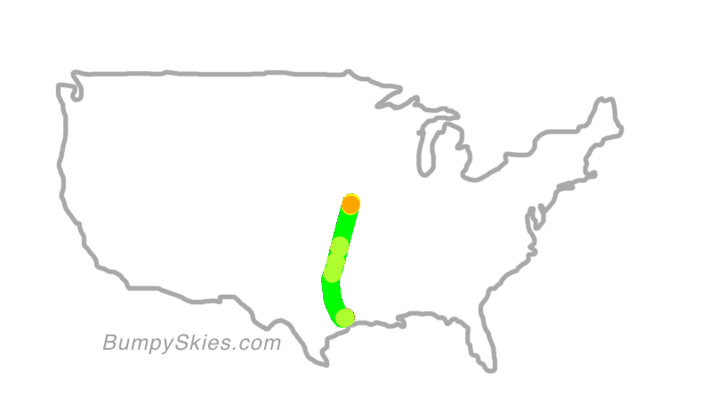 Map of continental US with illustrated flight path and turbulence forecast (described in text below)