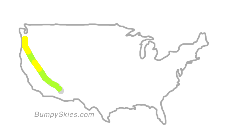 Map of continental US with illustrated flight path and turbulence forecast (described in text below)