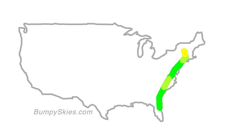 Map of continental US with illustrated flight path and turbulence forecast (described in text below)