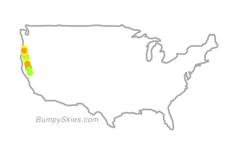 Map of continental US with illustrated flight path and turbulence forecast (described in text below)