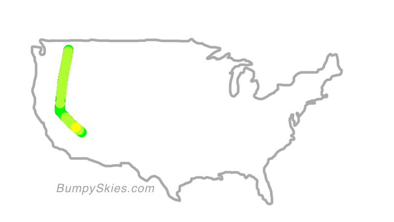 Map of continental US with illustrated flight path and turbulence forecast (described in text below)
