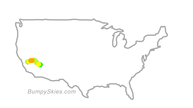 Map of continental US with illustrated flight path and turbulence forecast (described in text below)