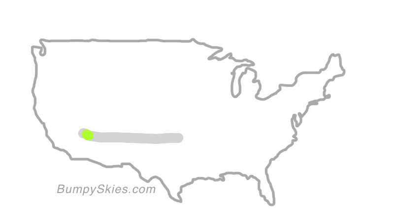 Map of continental US with illustrated flight path and turbulence forecast (described in text below)