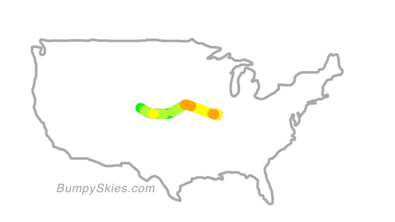 Map of continental US with illustrated flight path and turbulence forecast (described in text below)