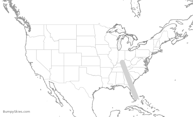 Map of continental US with illustrated flight path and turbulence forecast (described in text below)