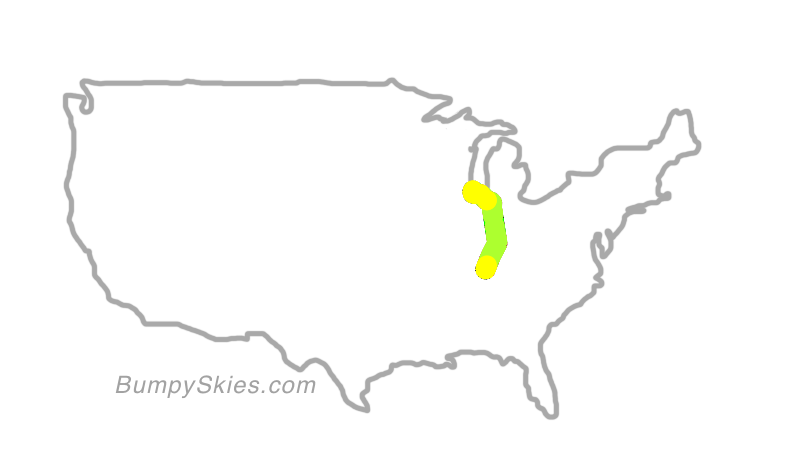 Map of continental US with illustrated flight path and turbulence forecast (described in text below)