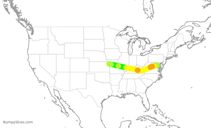 Turbulence forecast map for SWA3016, MCI to DCA