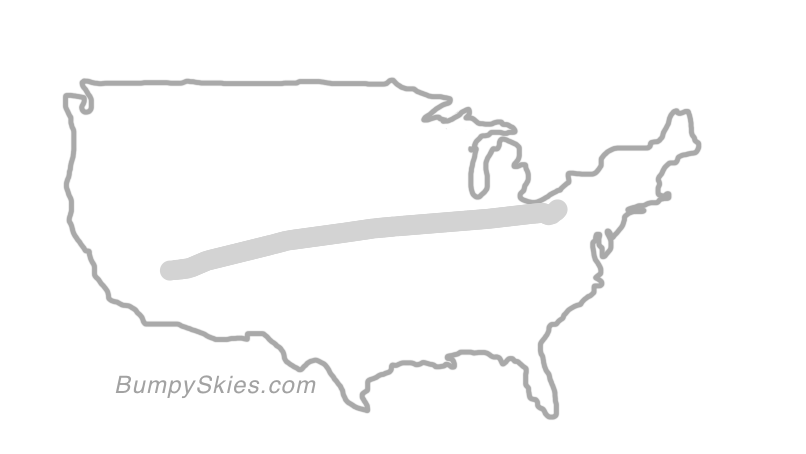 Map of continental US with illustrated flight path and turbulence forecast (described in text below)