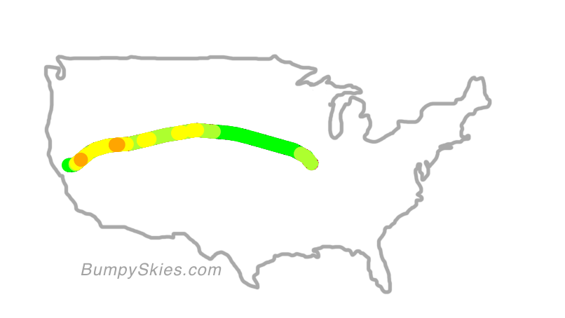 Map of continental US with illustrated flight path and turbulence forecast (described in text below)