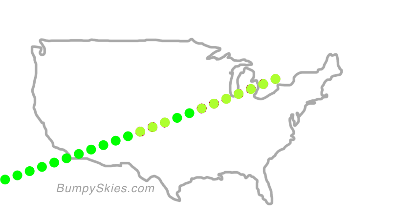 Map of continental US with illustrated flight path and turbulence forecast (described in text below)