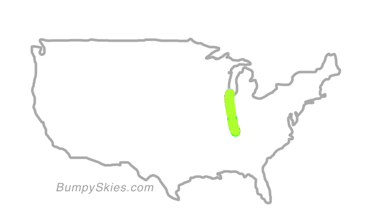 Map of continental US with illustrated flight path and turbulence forecast (described in text below)