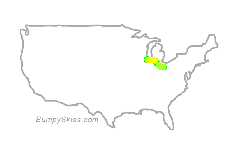 Map of continental US with illustrated flight path and turbulence forecast (described in text below)