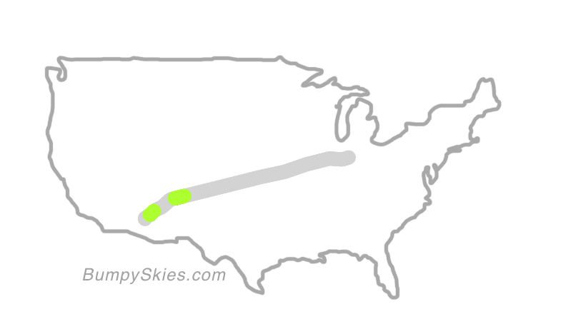 Map of continental US with illustrated flight path and turbulence forecast (described in text below)