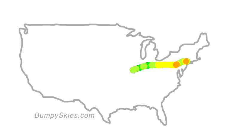 Map of continental US with illustrated flight path and turbulence forecast (described in text below)