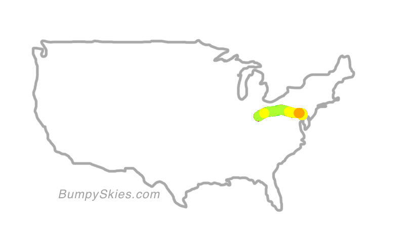 Map of continental US with illustrated flight path and turbulence forecast (described in text below)