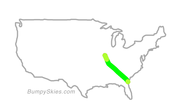 Map of continental US with illustrated flight path and turbulence forecast (described in text below)