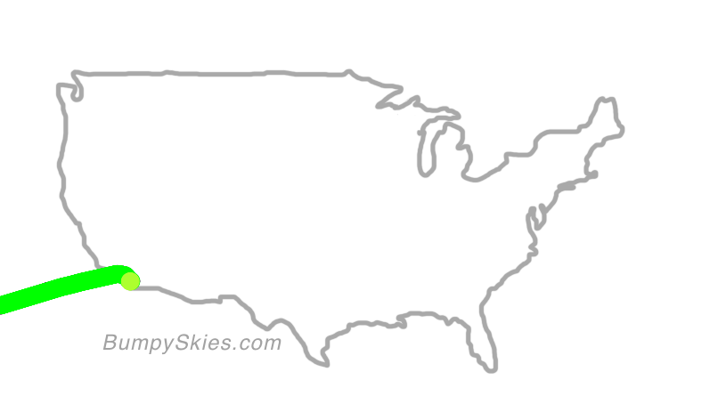 Map of continental US with illustrated flight path and turbulence forecast (described in text below)
