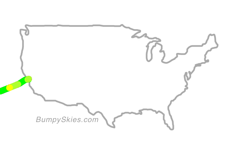Map of continental US with illustrated flight path and turbulence forecast (described in text below)